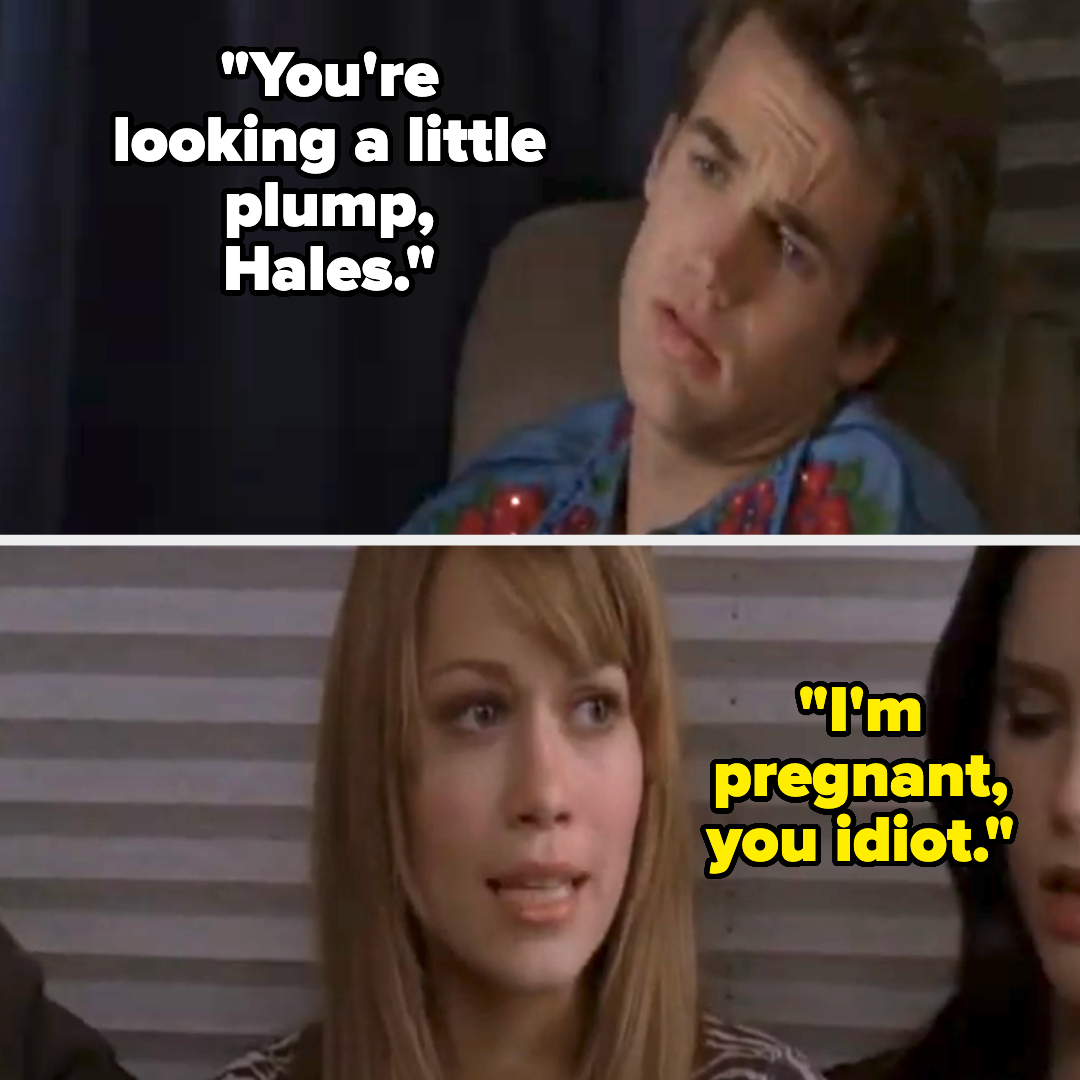 Two TV show characters in a conversation: male teasing a female who reveals she's pregnant, calling him an idiot