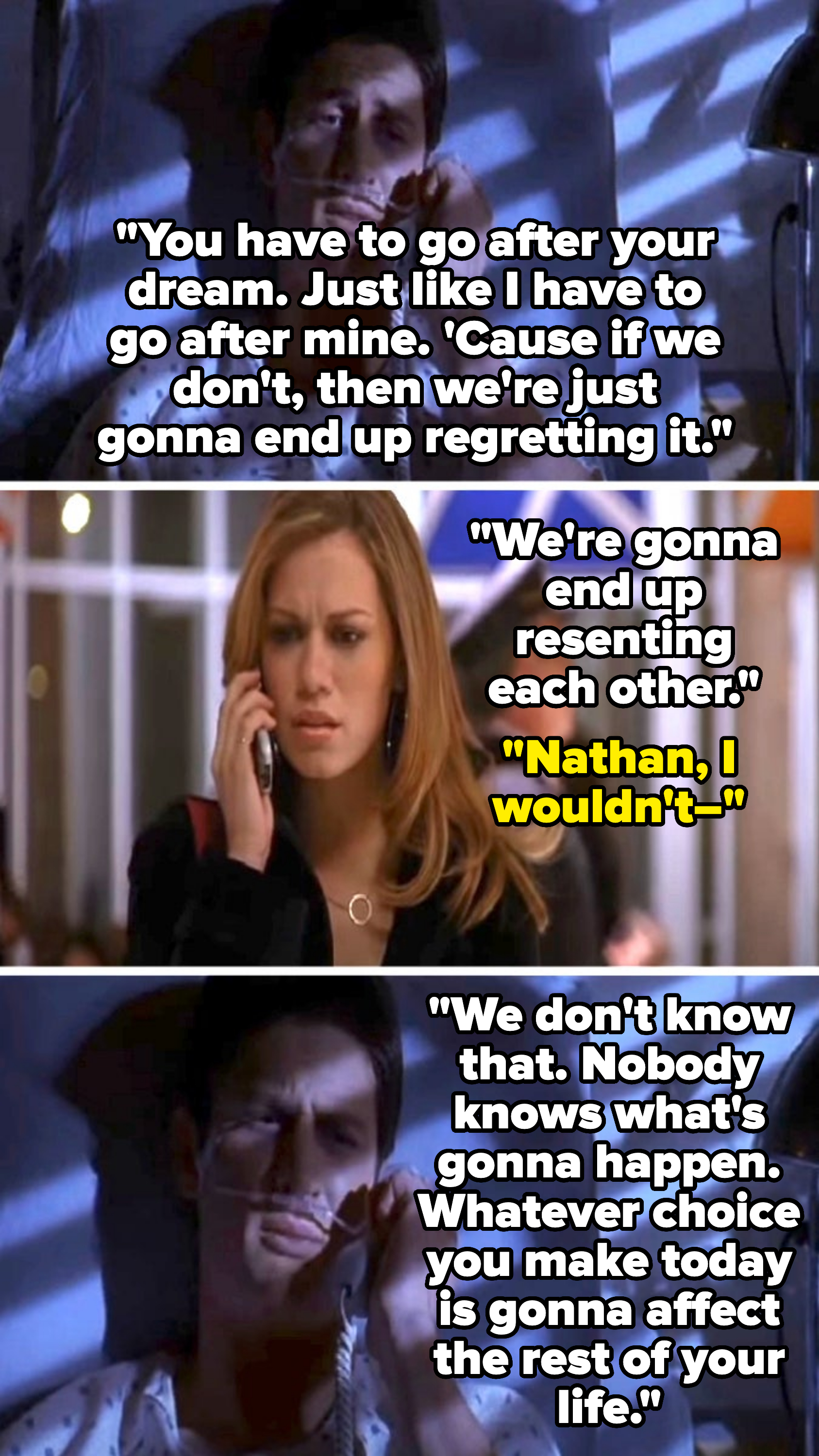 Man and woman talking on phones in split-screen from a movie scene