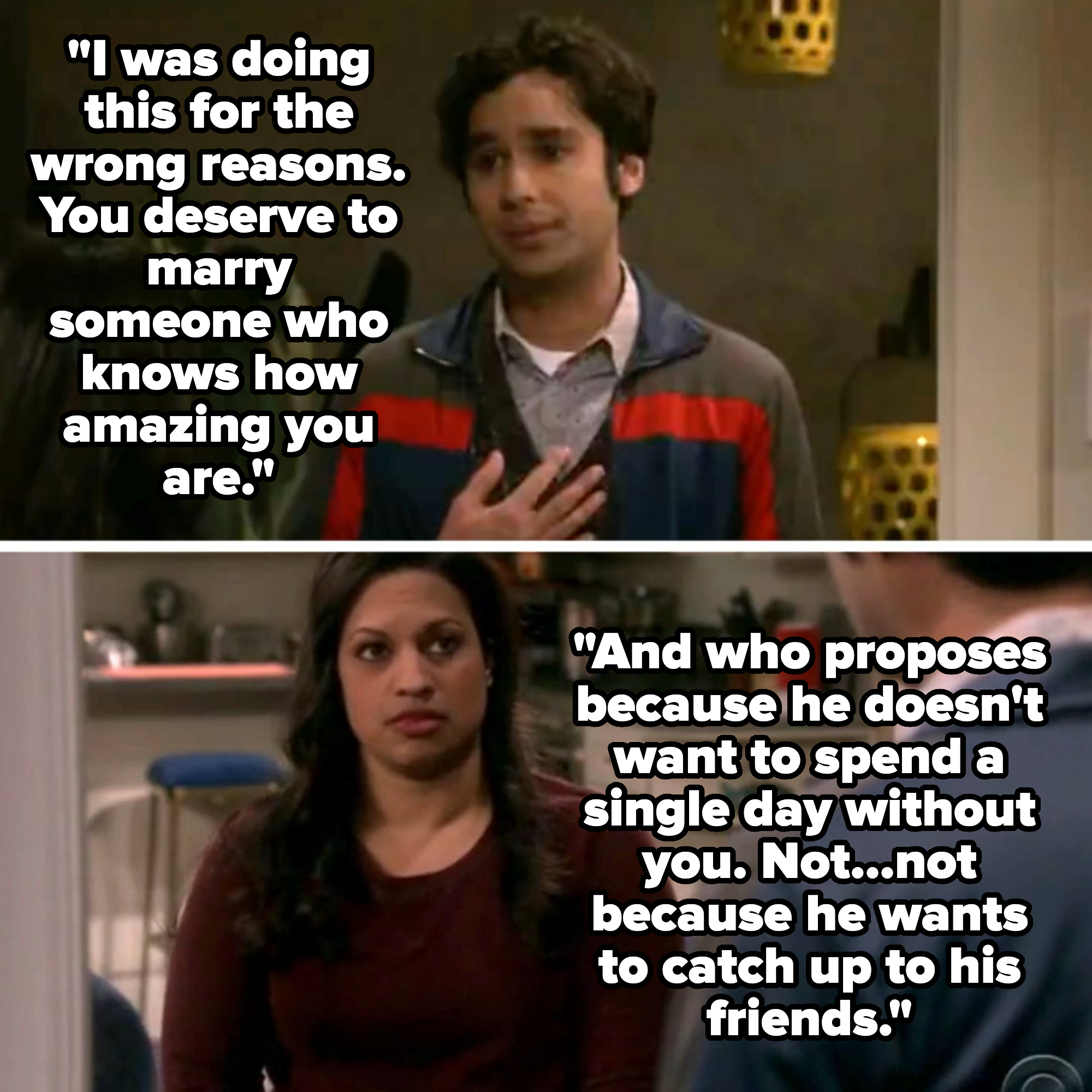"The Big Bang Theory's characters Raj and Priya Koothrappali stand in a room having a conversation."