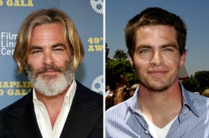 Side-by-side photos of actors, left with a beard and suit, right in a checkered shirt