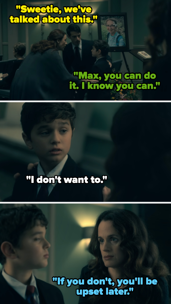 Four scenes from a TV show depicting a conversation between a young boy and a woman, likely his mother, about doing something he's hesitant to do