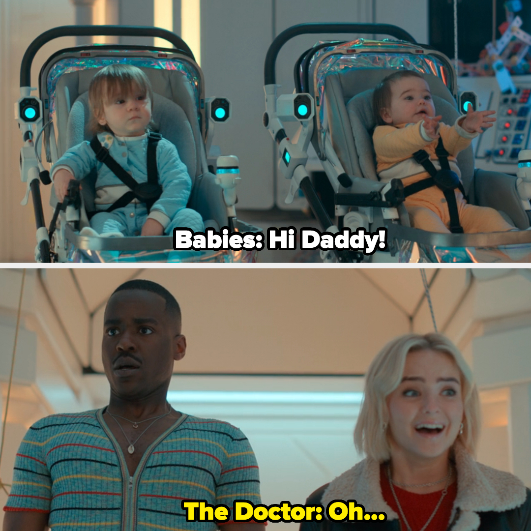 Two infants strapped in futuristic car seats; Doctor and Ruby looking surprised below. Text: Babies say "Hi Daddy!" and The Doctor: "Oh…"