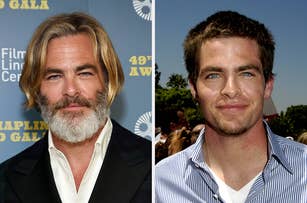 Side-by-side photos of actors, left with a beard and suit, right in a checkered shirt