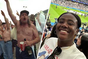 Two separate images: Left shows a shirtless man cheering at a sports event, right is a smiling woman in a stadium with a 'RECESS' shirt