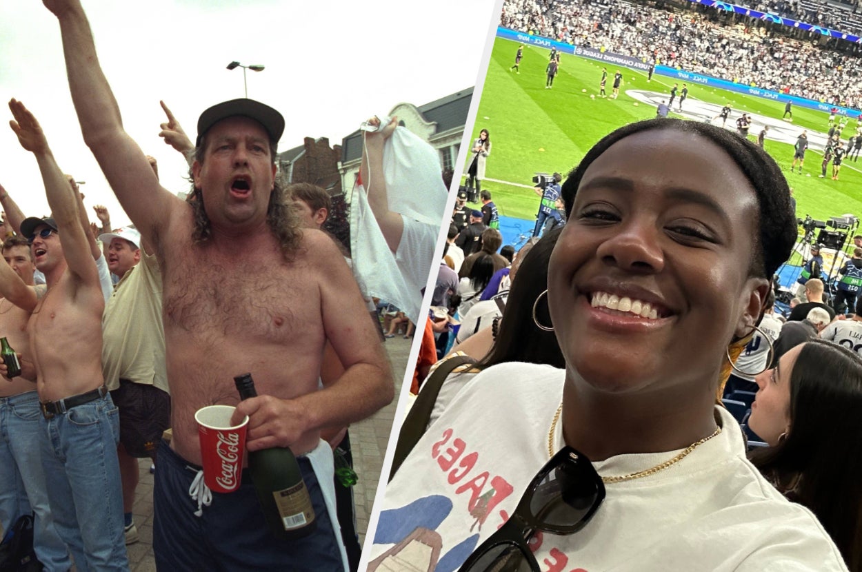 Two separate images: Left shows a shirtless man cheering at a sports event, right is a smiling woman in a stadium with a 'RECESS' shirt