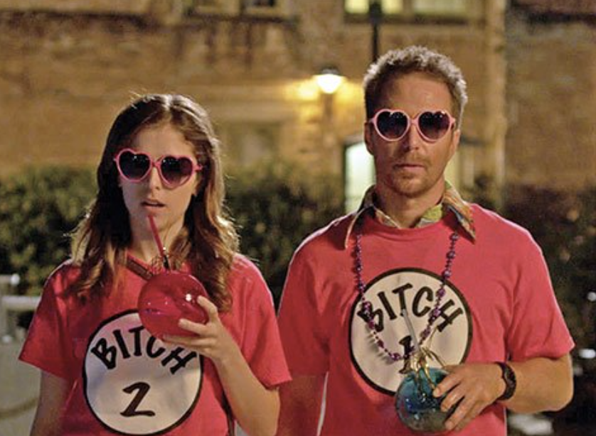 Two people wearing matching heart-shaped sunglasses and T-shirts labeled "BITCH 1" and "BITCH 2" holding drinks