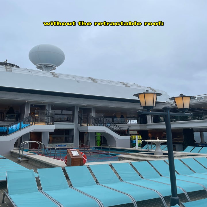 Cruise ship deck with rows of lounge chairs and a pool, text overlay states missing retractable roof