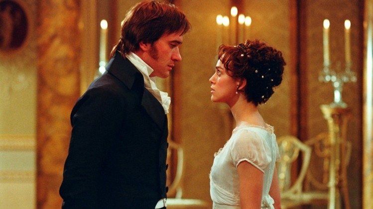 Elizabeth Bennet and Mr. Darcy in a tense moment in a ballroom scene from the film "Pride and Prejudice."