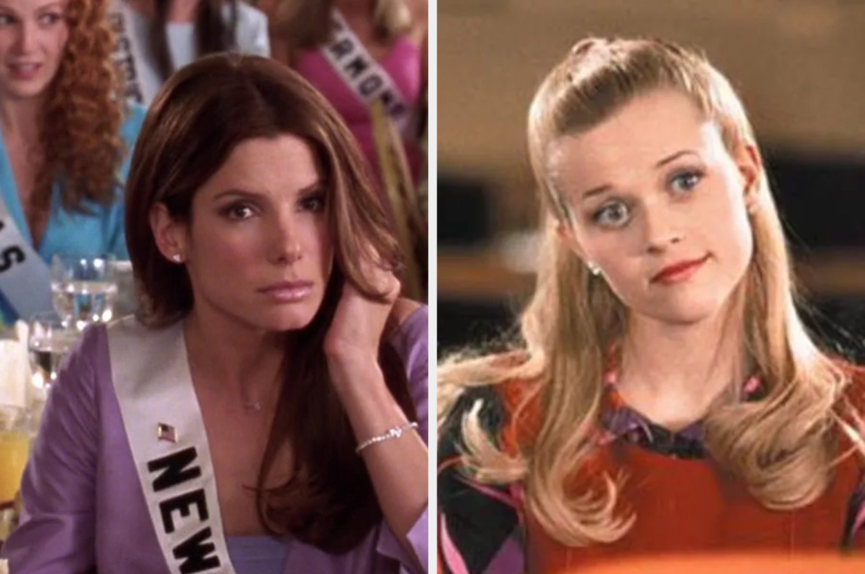 Split screen of Gracie Hart and Cheryl Frasier from Miss Congeniality, showing expressions of concern and cheerfulness respectively