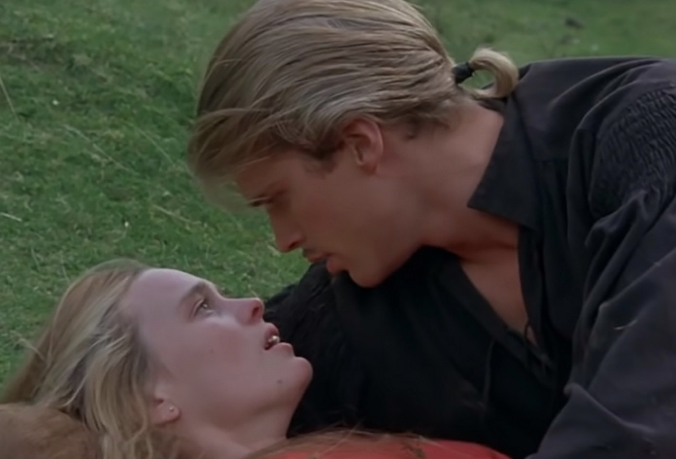 Two characters from &#x27;The Princess Bride,&#x27; Westley and Buttercup, share an intimate moment