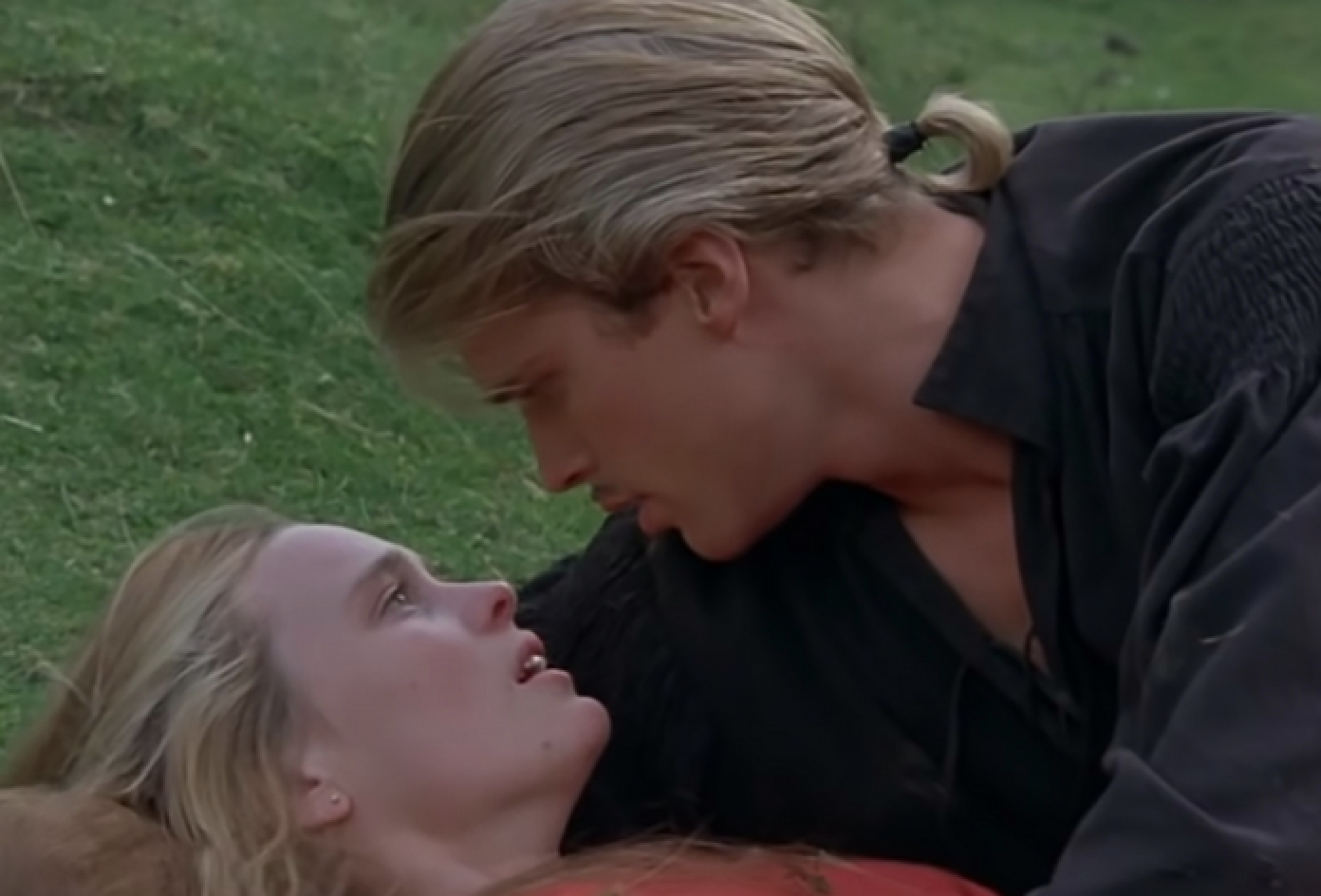 Two characters from 'The Princess Bride,' Westley and Buttercup, share an intimate moment