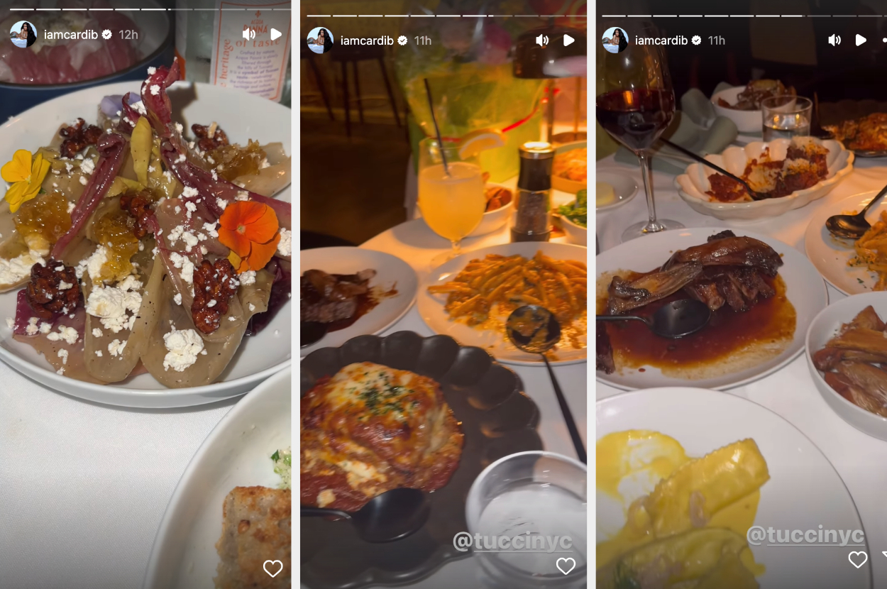 Three images from a dining experience featuring various dishes