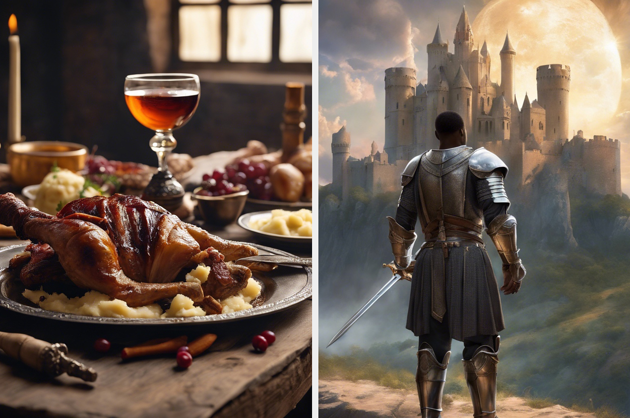 Left: A feast with roasted meat and a glass of beverage. Right: A knight looking at a distant castle