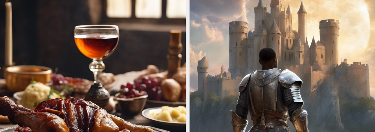 Left: A feast with roasted meat and a glass of beverage. Right: A knight looking at a distant castle