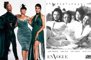 En Vogue group posing in elegant attire for a photoshoot; past and present side by side