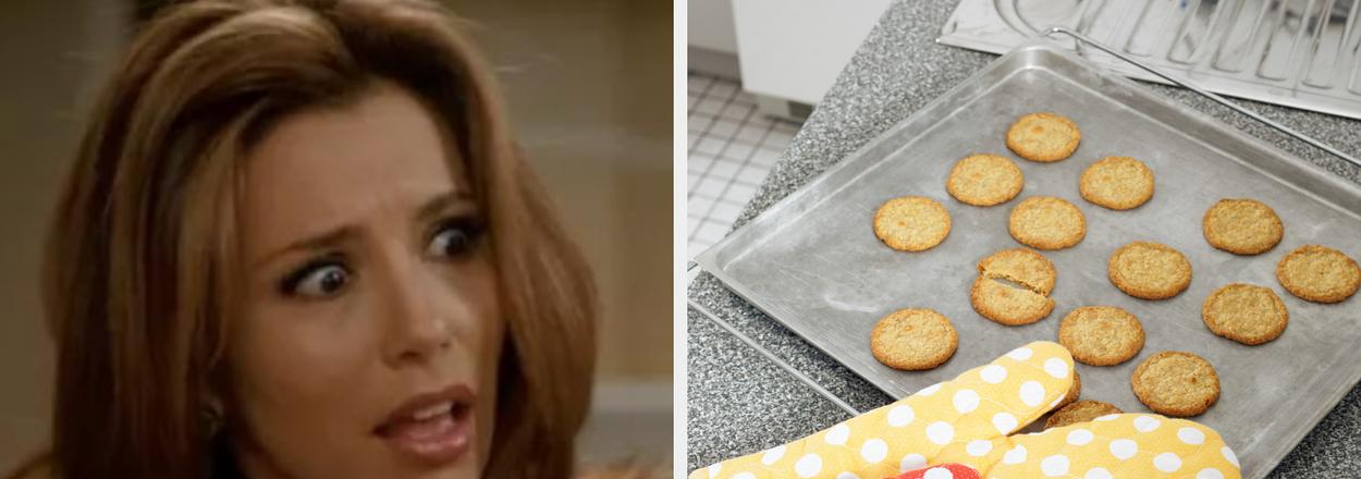 Gabby looking surprised and a tray of cookies next to oven mitts