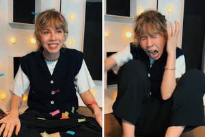 Grace VanderWaal in a vest and slacks, expressions from smiling to laughter, sitting indoors