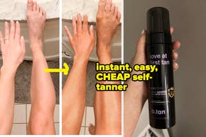 Before and after comparison of legs using a self-tanner spray, alongside the product bottle