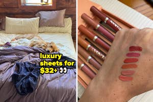 Left: Dog lying on bed with luxurious sheets; Right: Hand displaying swatches of lipstick shades