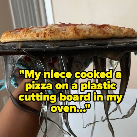 Melted plastic cutting board under cooked pizza, humorous kitchen mishap