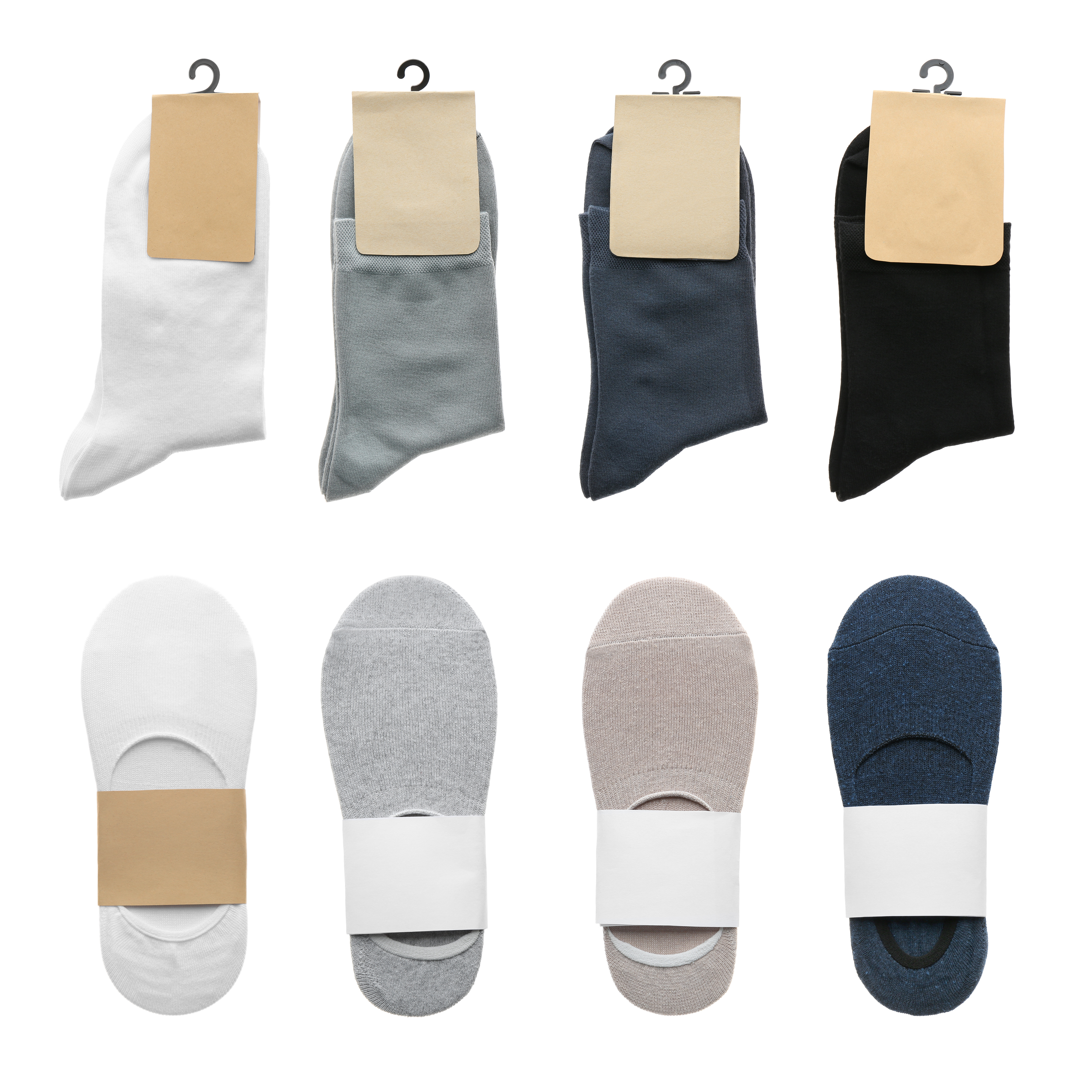 Eight no-show socks in various shades displayed with and without packaging