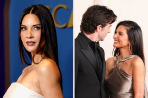 Olivia Munn in a white gown at an event, and Olivia Munn in a silver dress engaging with John Mulaney