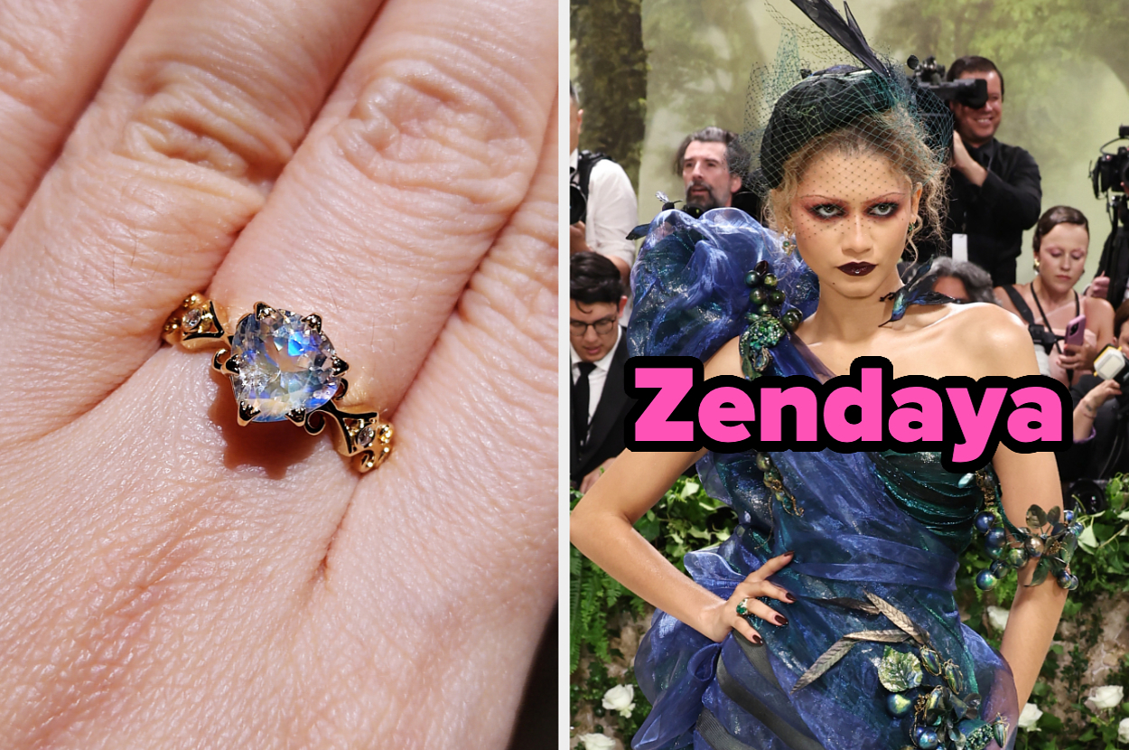On the left, someone wearing an ornate ring, and on the right, Zendaya wearing an avant garde gown