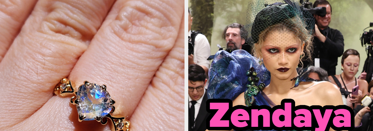 On the left, someone wearing an ornate ring, and on the right, Zendaya wearing an avant garde gown