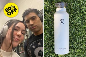 Selfie of two people; image of a white Hydro Flask water bottle on grass