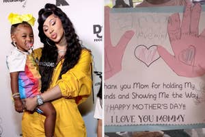 Cardi B in a silk dress holds her daughter Kulture, who wears a bow and has a pacifier. A handmade Mother's Day card is also shown