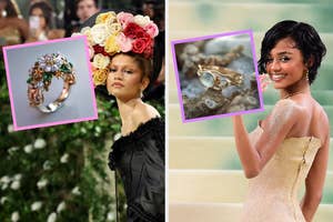 On the left, Zendaya wearing a gown and a floral headpiece next t a flower inspired ring, and on the right, Tyla wearing a sand dress next to a beach inspired ring