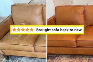 Before and after photos of a sofa, the right image restored, with a caption "★★★★★ Brought sofa back to new"