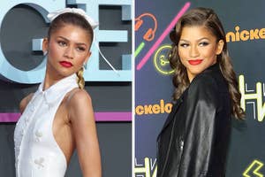 Zendaya in a white sleeveless dress and in a black outfit with a jacket, posing on two occasions