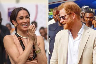 Prince Harry and Meghan Markle stand together; Harry holds a microphone, both in casual attire with bead necklaces
