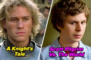 Images from "A Knight's Tale" and "Scott Pilgrim vs. The World" with Heath Ledger and Michael Cera
