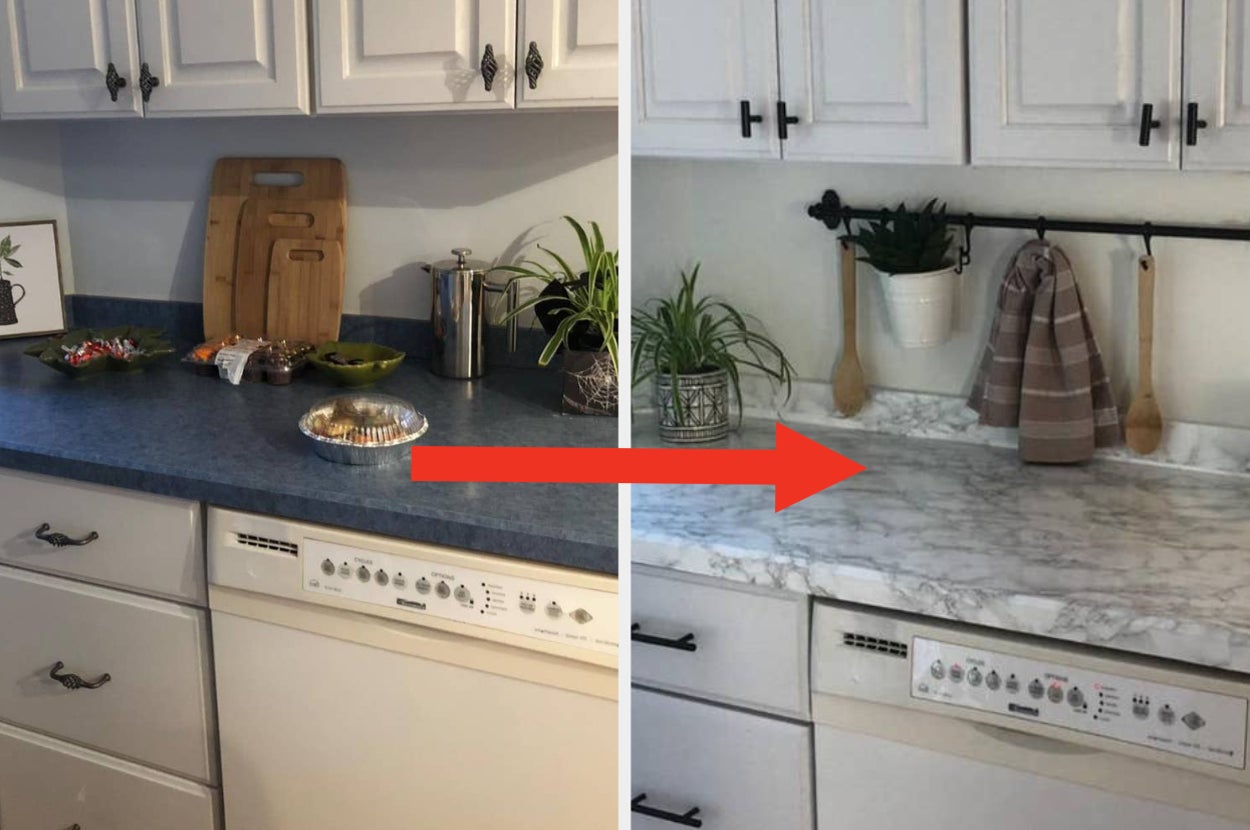 Before and after of a kitchen countertop first blue and then with faux marble contact paper
