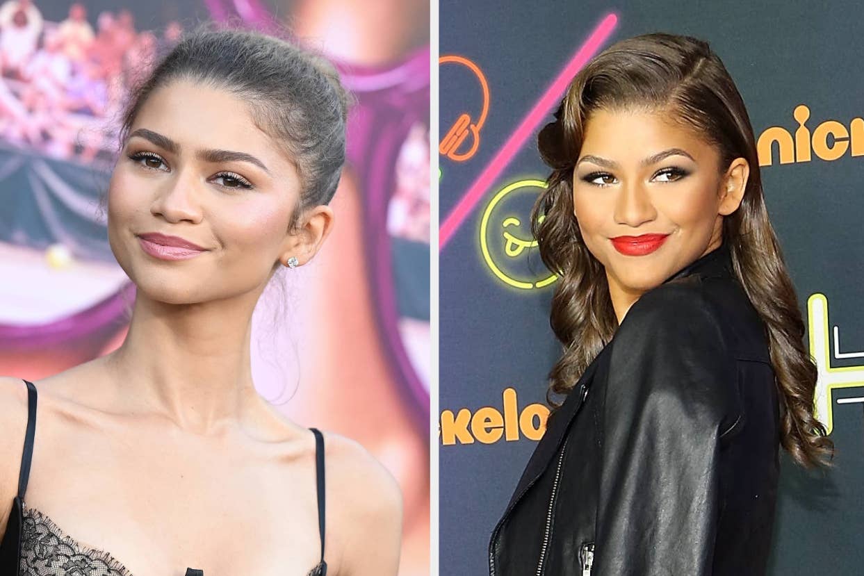 Zendaya in an elegant outfit on the left; on the right, Zendaya in a chic jacket smiling over her shoulder