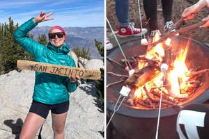 on the left a teal mountain hardwear puffer hoodie, on the right reviewers using extendable skewers to roast marshmallows over camp fire