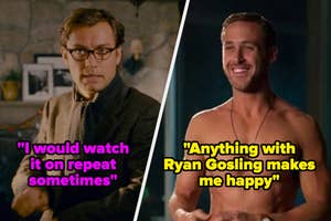 Two scenes from films, with quotes praising Ryan Gosling's acting, not real people