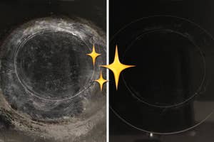 Before and after comparison of a cleaned glass stovetop