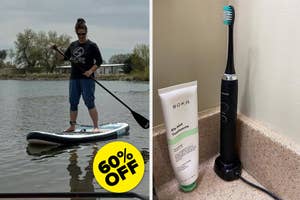Person paddleboarding in casual wear; an electric toothbrush and toothpaste on a bathroom countertop