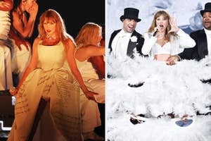 Taylor Swift performing on stage in white outfits with backup dancers