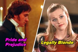 Side-by-side stills of Mr. Darcy in formal attire from "Pride and Prejudice" and Elle Woods in a pink top from "Legally Blonde."