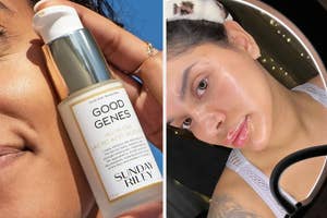 A person holding a bottle of Sunday Riley Good Genes skincare product next to their face, second image shows person with glowing skin