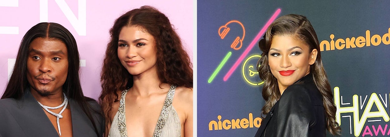 Two images of Zendaya side-by-side; one with a person in a suit and another solo at an awards event, wearing a casual chic outfit
