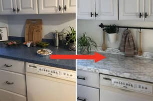 Before and after of a kitchen countertop first blue and then with faux marble contact paper