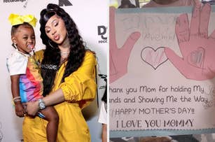 Cardi B in a silk dress holds her daughter Kulture, who wears a bow and has a pacifier. A handmade Mother's Day card is also shown