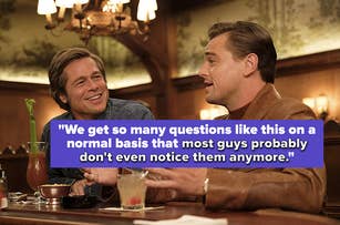 Two men in casual attire sitting at a bar, smiling and engaging in conversation, with a quote overlay from their dialogue