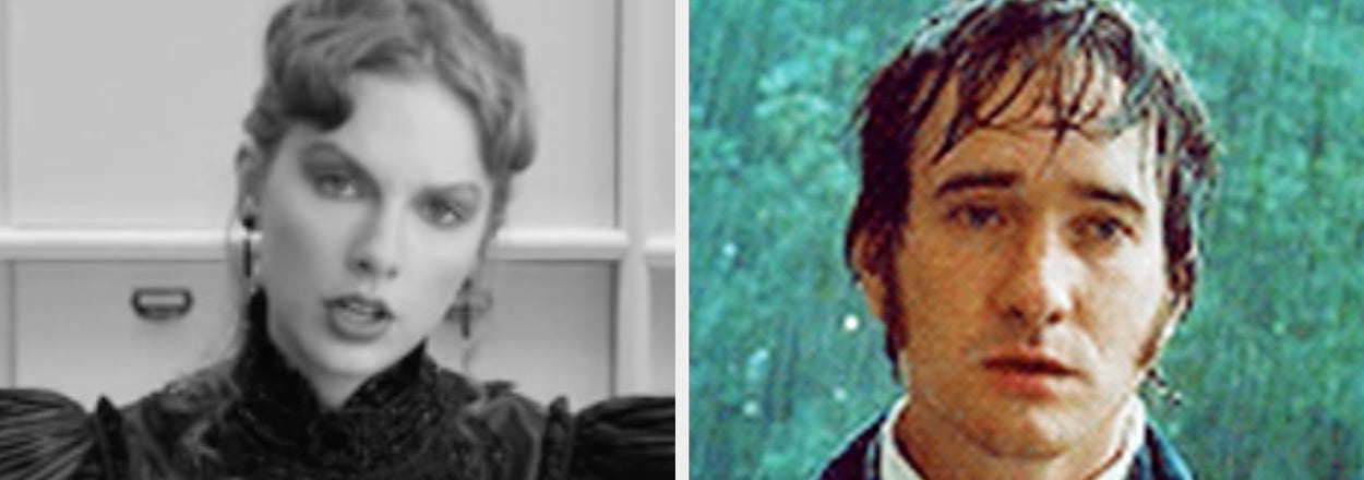 Split image with Taylor Swift in black lace outfit and Mr. Darcy character from Pride and Prejudice, both wet