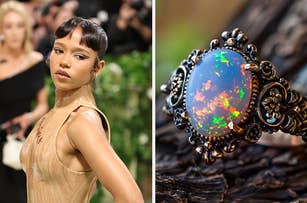 On the left, Taylor Russell wearing a tree inspired dress, and on the right, an opal ring